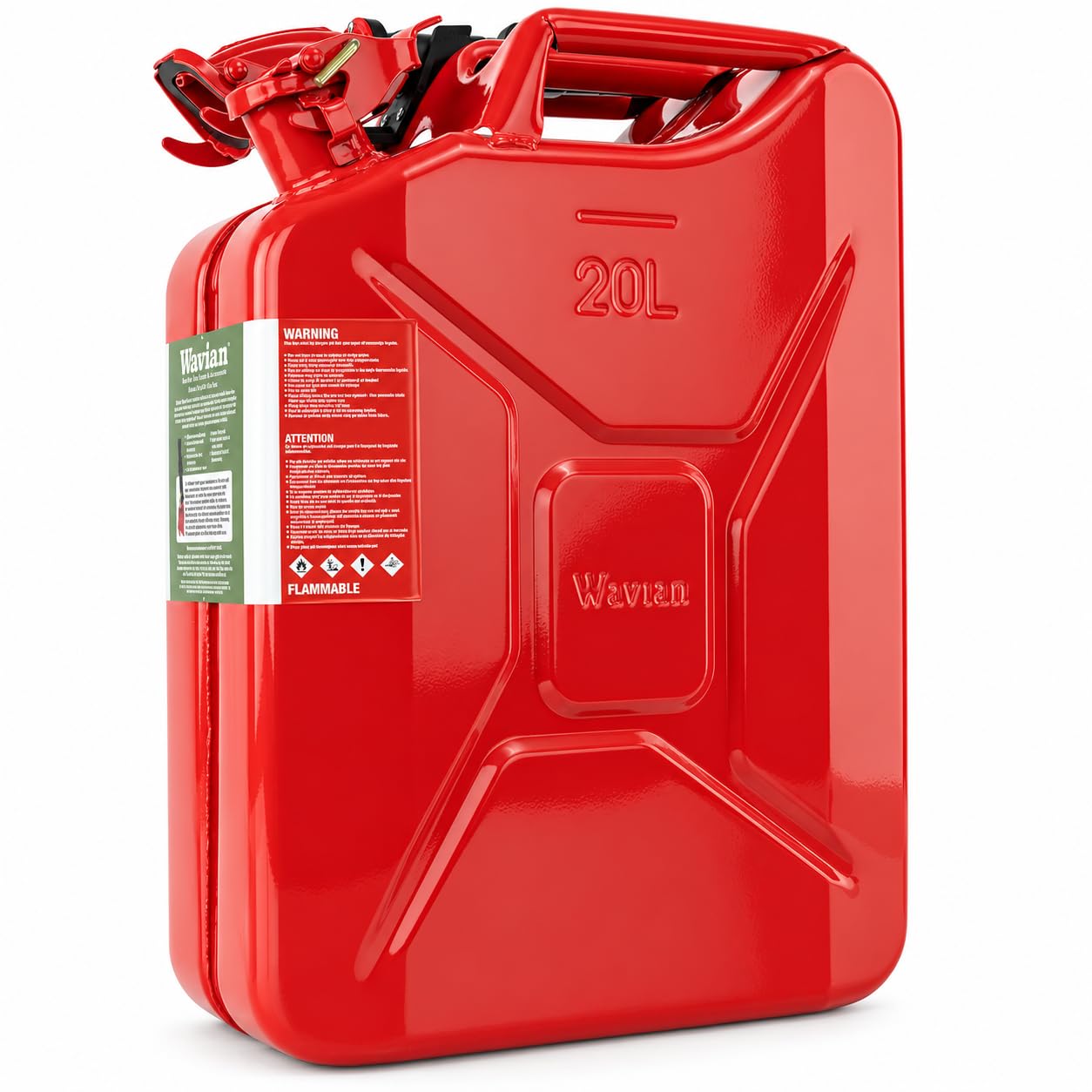 Wavian front view red jerry can showing sturdy build and clear marking for safe storage