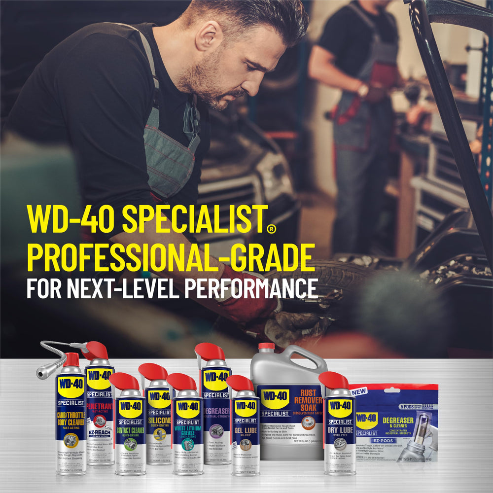 WD-40 Specialist product label with NSF and VOC compliance details visible