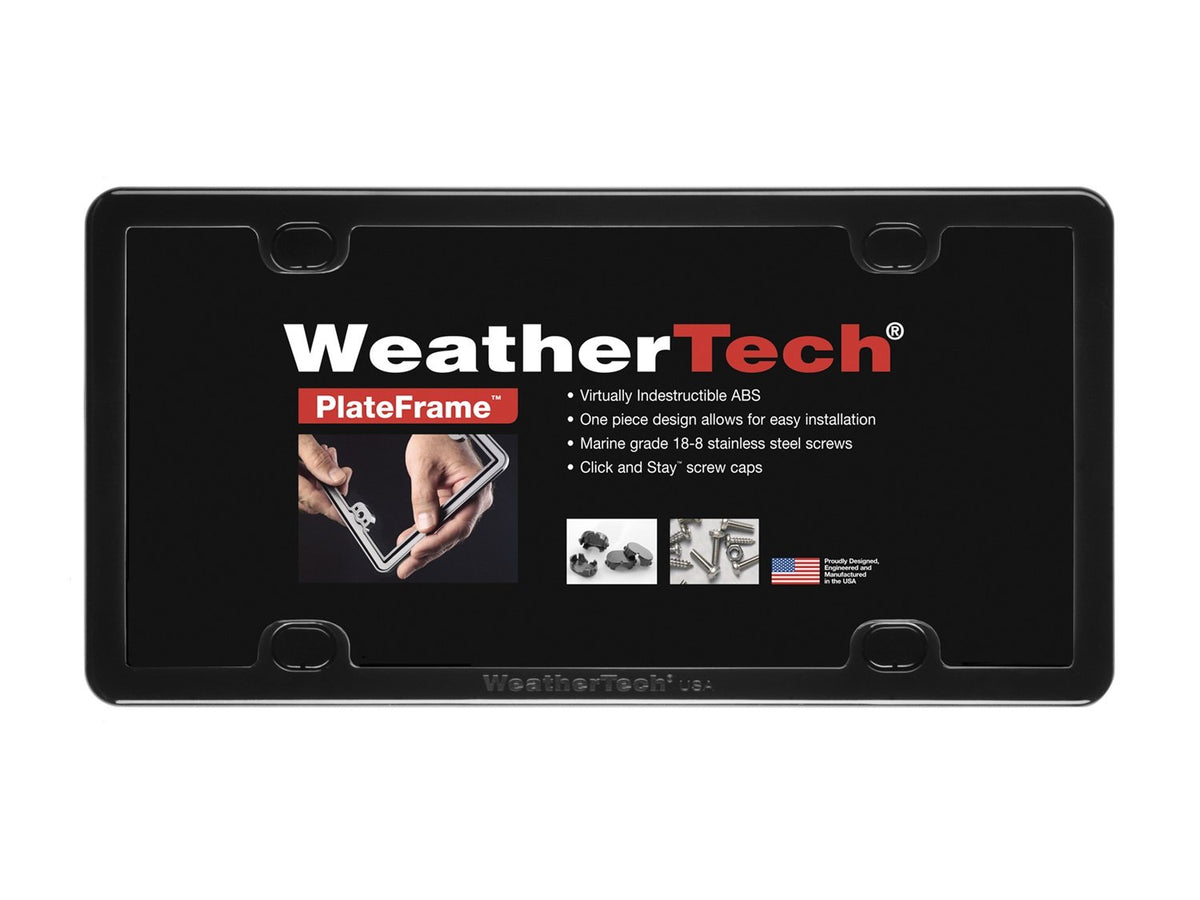 WeatherTech PlateFrame front view showing sleek low-profile fit and clean finish