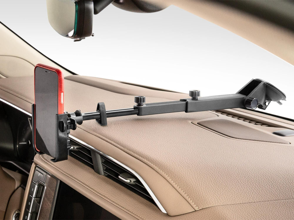 WeatherTech WindshieldFone front view showing mount and phone securely
