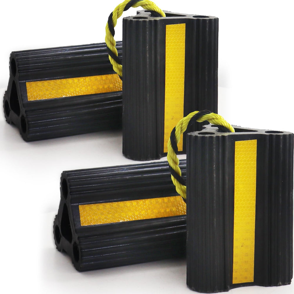 WECARLLE front view wheel chock showing wedge shape and rope handle for safe placement
