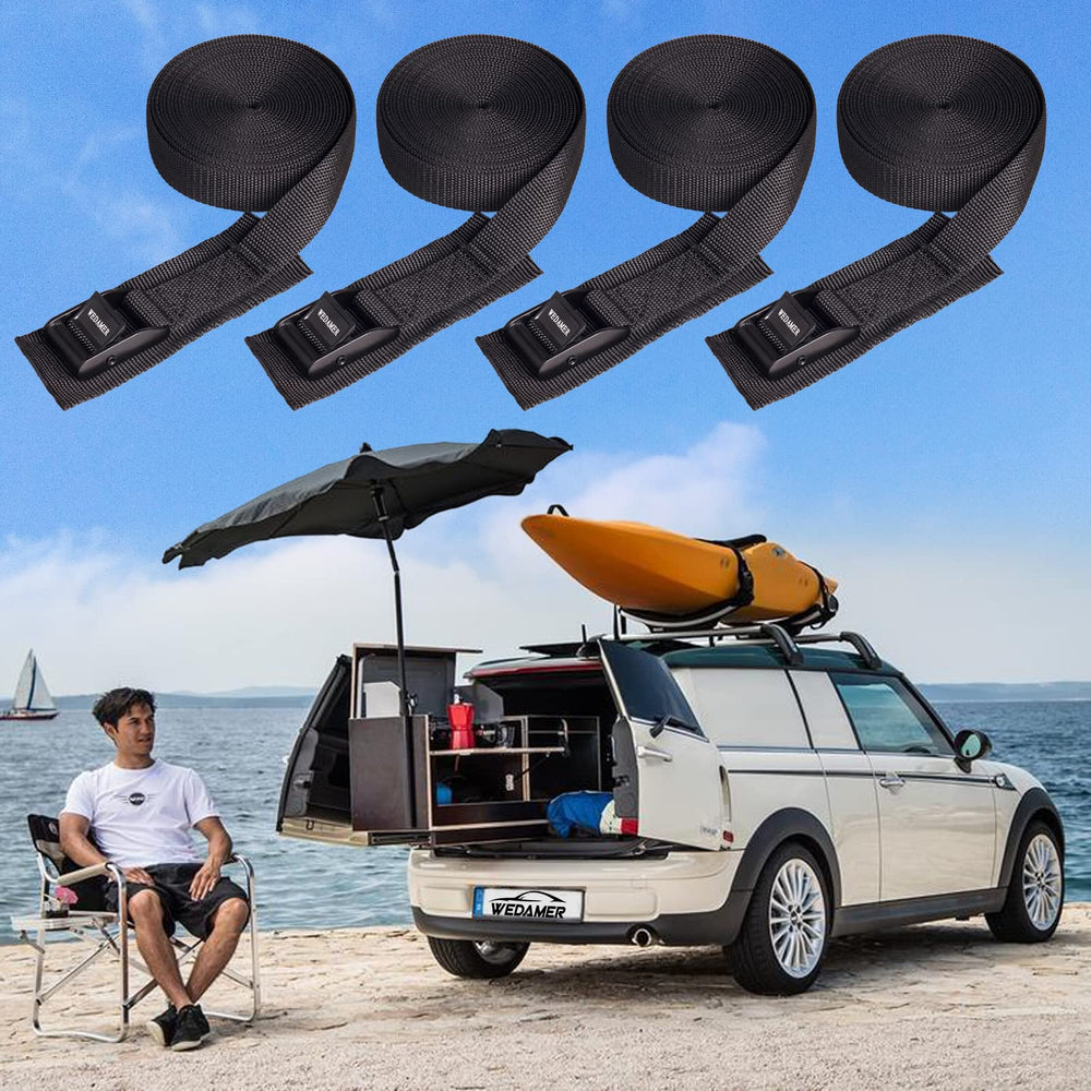 WEDAMER straps securing a kayak on a roof rack offering stable transport peace of mind