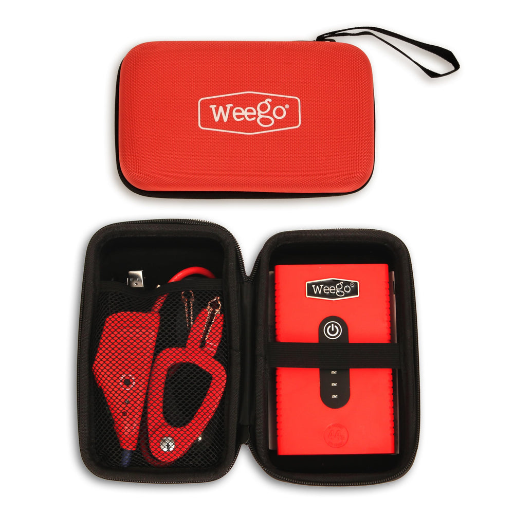 Weego clamps attached to car battery demonstrating safe, guided connection