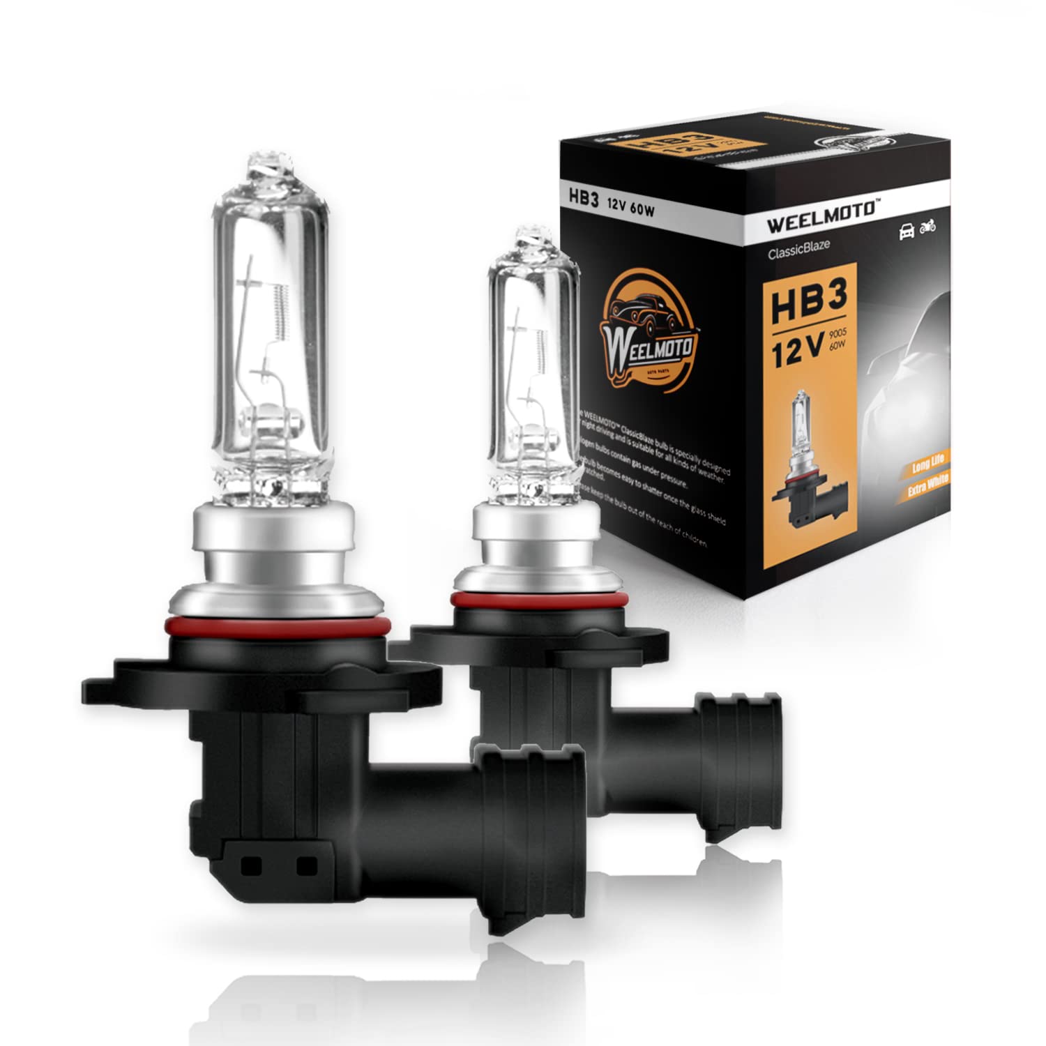 WEELMOTO 9005 front packaging showing two bulbs and brand—clear product benefit
