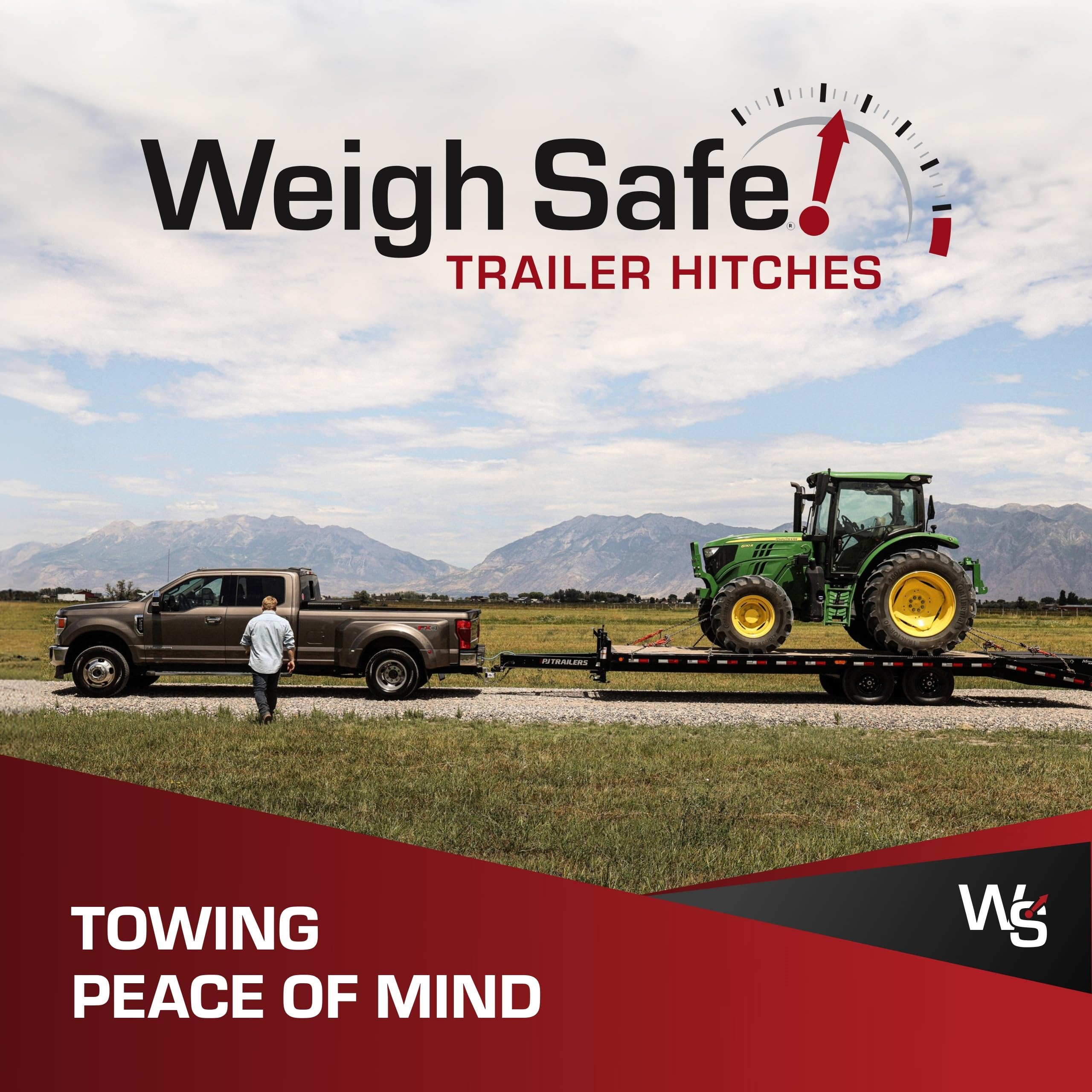 Weigh Safe hitch pin on trailer in driveway showing everyday towing readiness