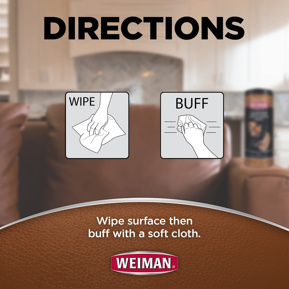 Weiman wipes cleaning a leather sofa in a living room demonstrating protection and upkeep