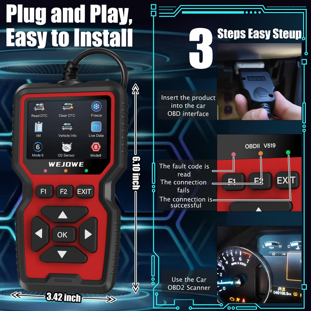 WEJOWE connected to vehicle OBD2 port demonstrating live data streaming and code reading