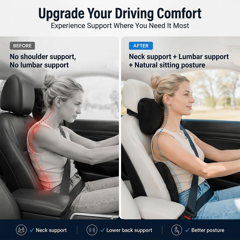 WELBRIT neck pillow mounted on headrest demonstrating improved head support