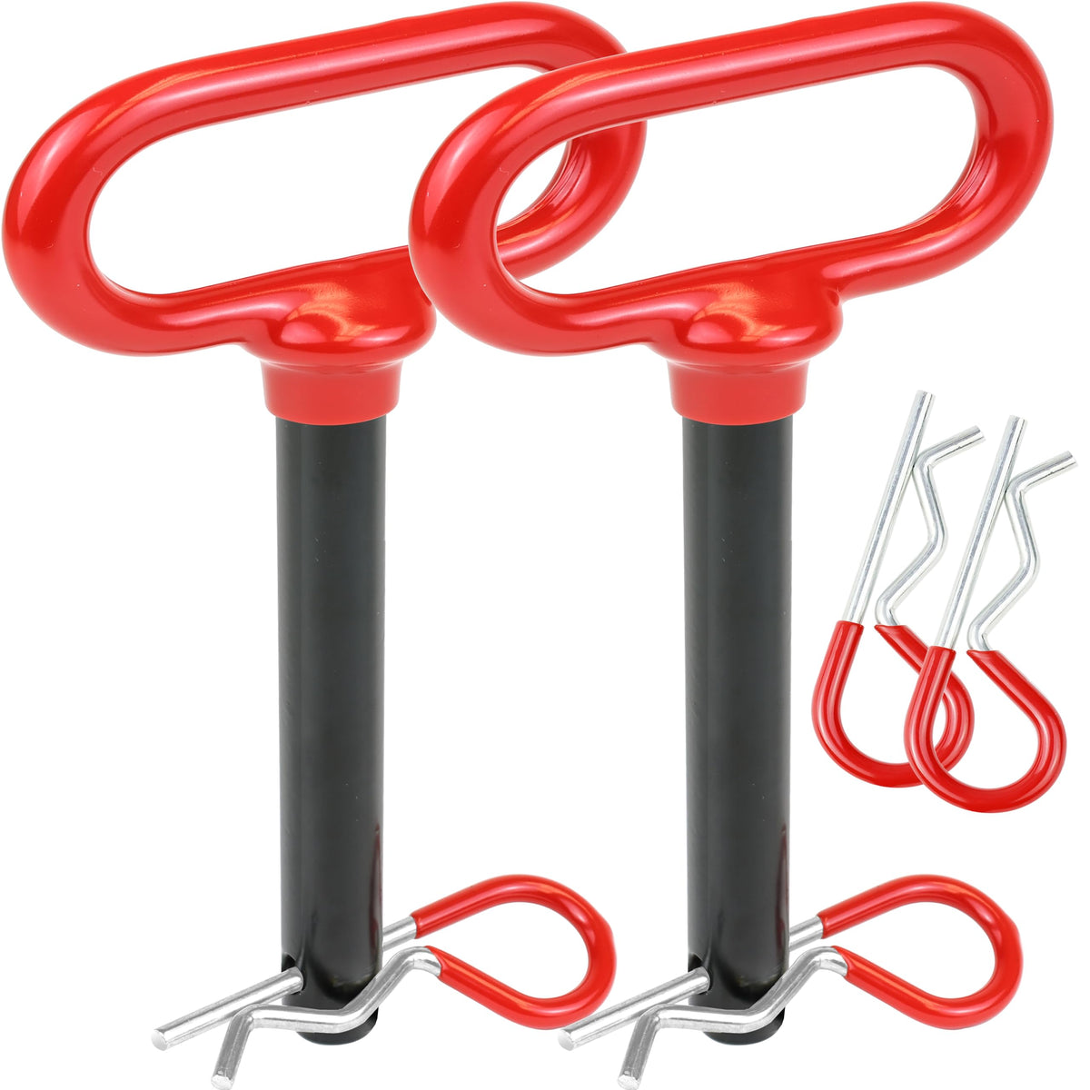 Wellmax front view of two red hitch pins showing durable steel and visibility