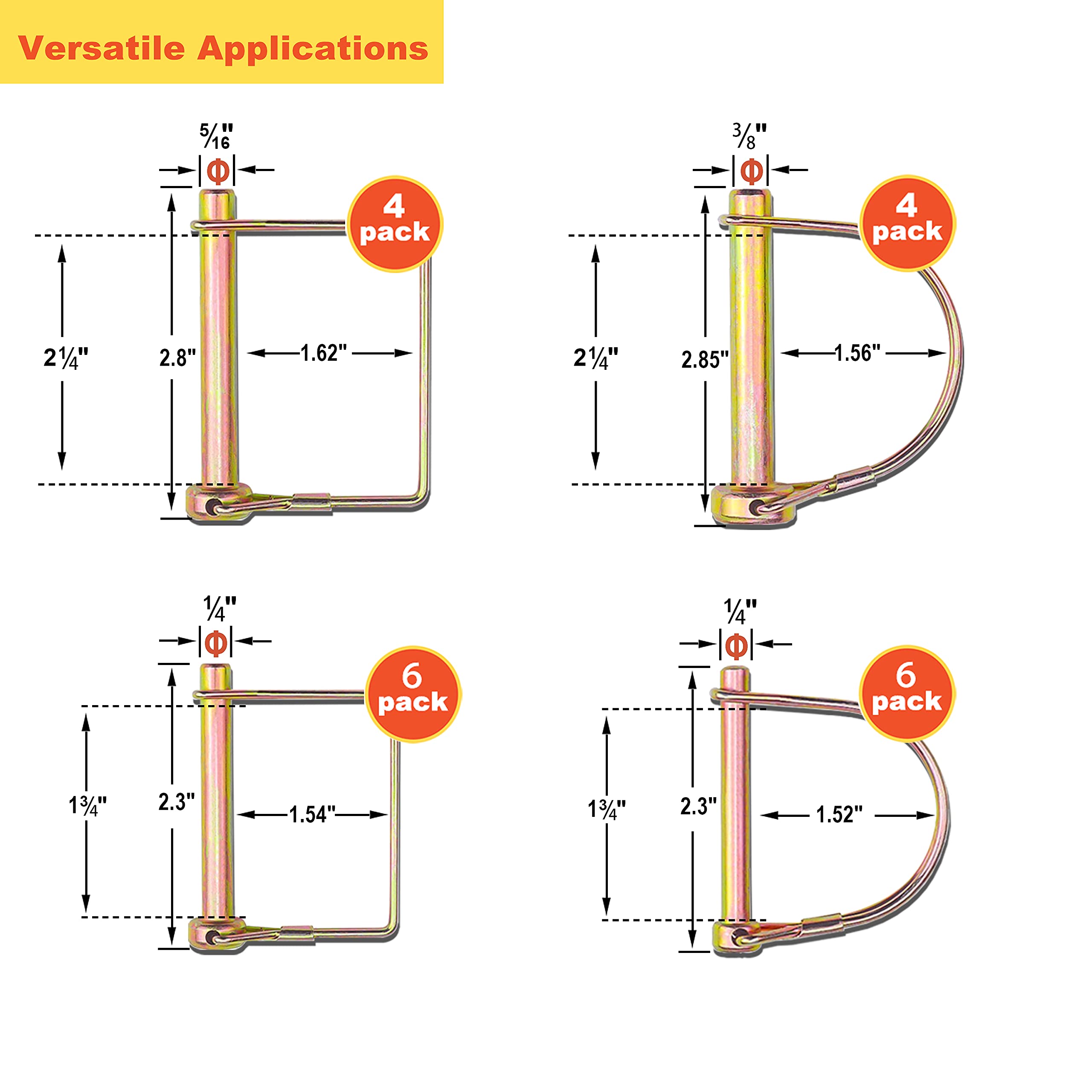 Wellmax fanned size comparison showing 1/4, 5/16, and 3/8 inch pins for correct fit choice