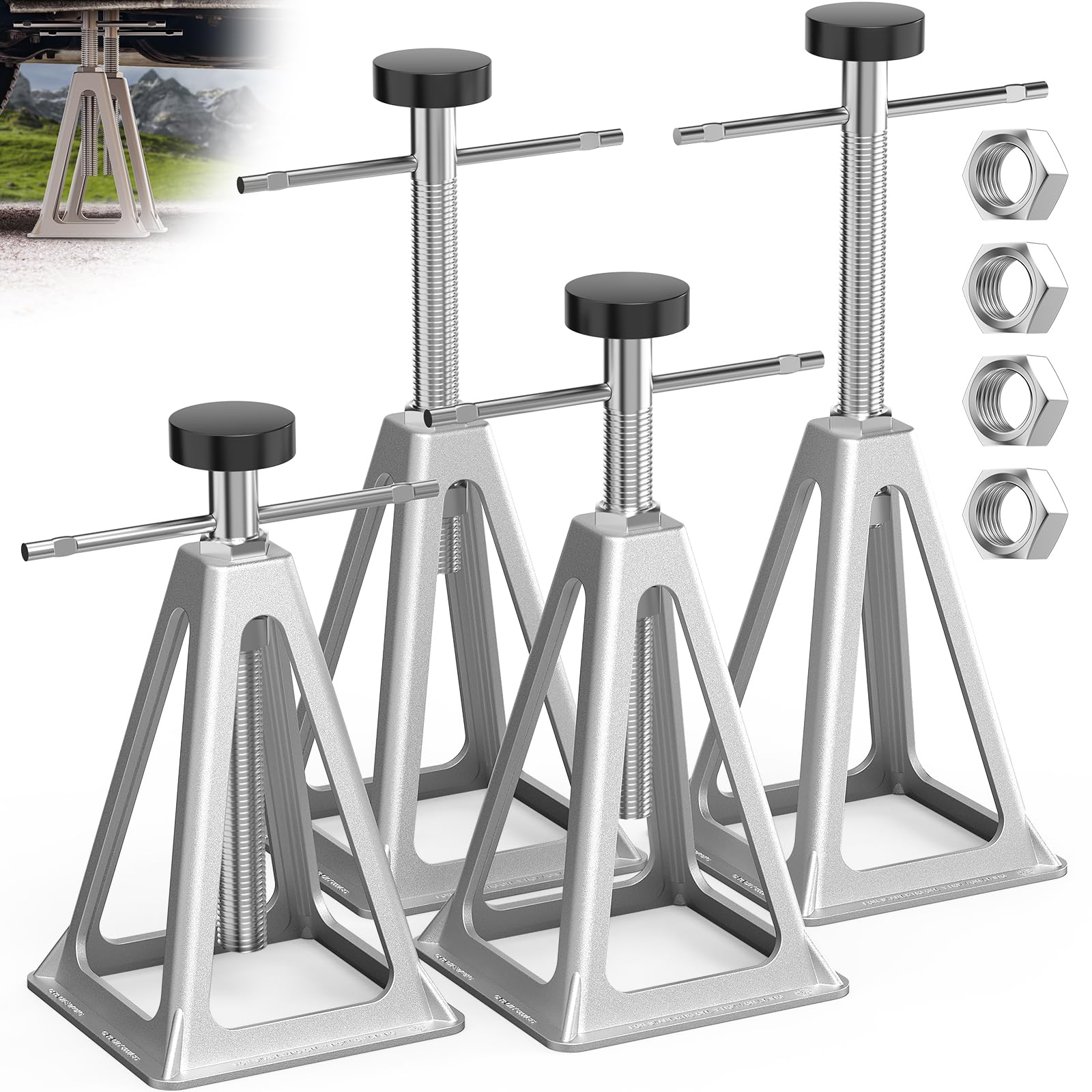 WELLUCK front view of four jacks showing compact ready-to-use pack and quick setup benefit