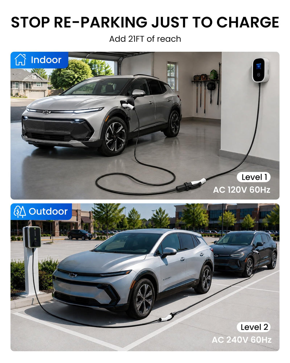 WenStorm extension cable plugged into EV in a home garage for convenience