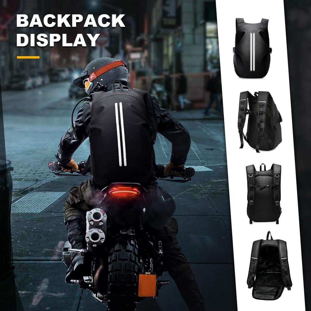 WEPLAN rider wearing backpack on motorcycle showing hands-free convenience