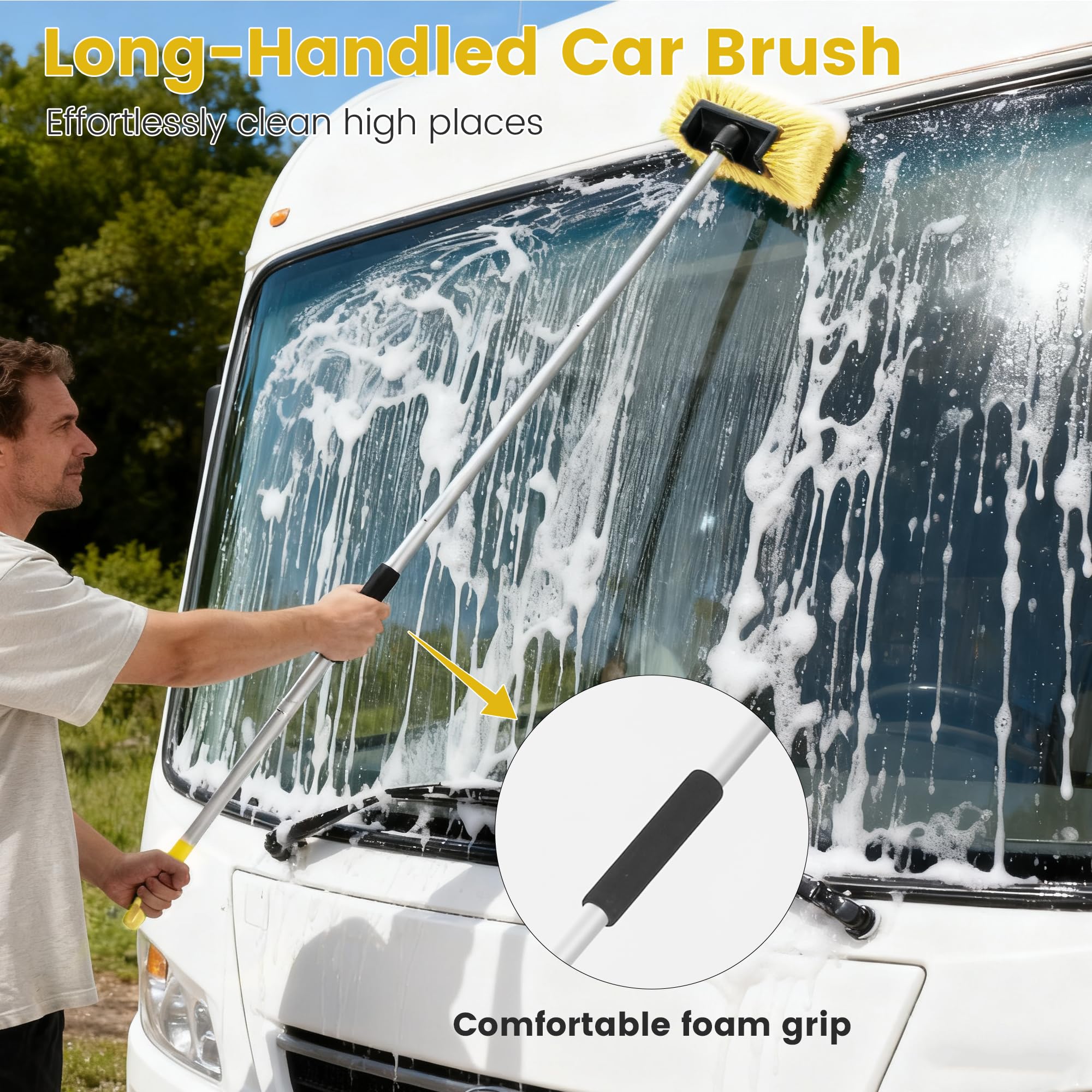 WESBRITE brushing an RV roof in a driveway demonstrating versatile outdoor cleaning