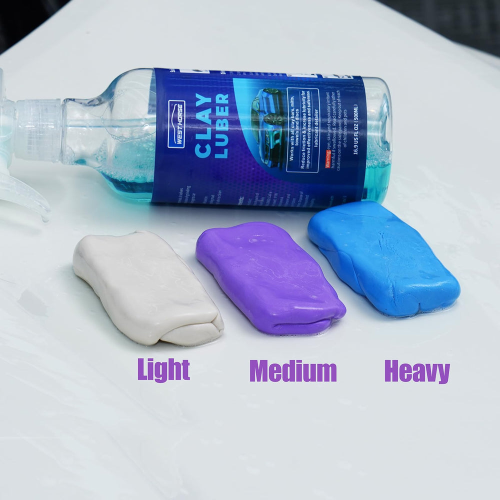WEST HORSE clay bar in garage with detailing tools showing prep workflow