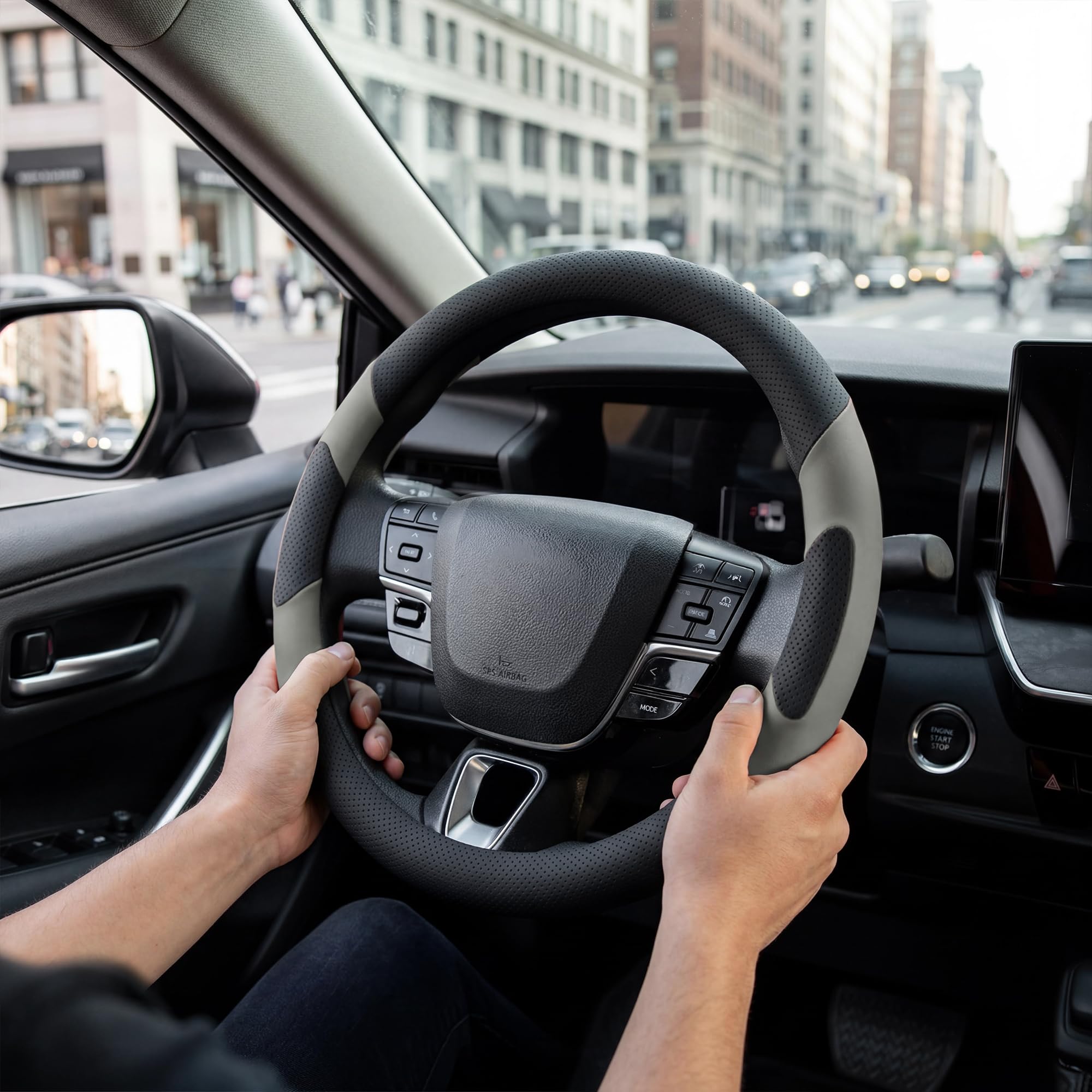 West Llama cover being installed on Camry steering wheel showing easy fit