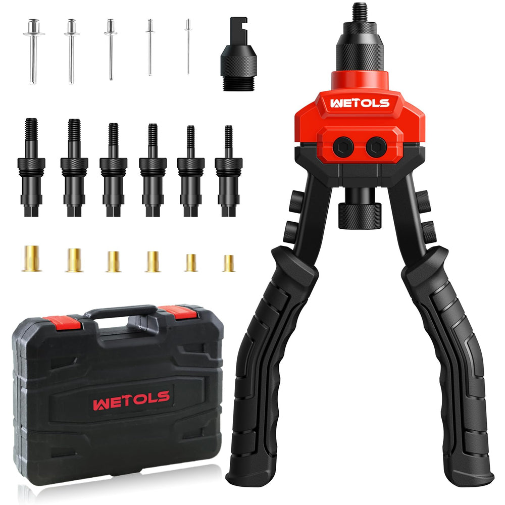 WETOLS front view of 3-in-1 rivet tool and molded case showing kit benefit portability