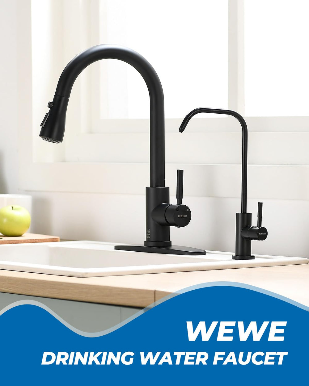WEWE close-up of spout finish highlighting stainless flow path benefit