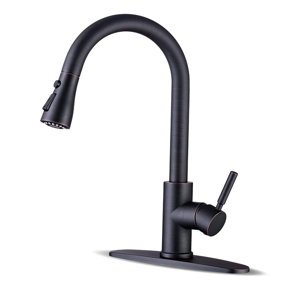 WEWE faucet front view showing oil rubbed bronze finish and high-arc design, durable look