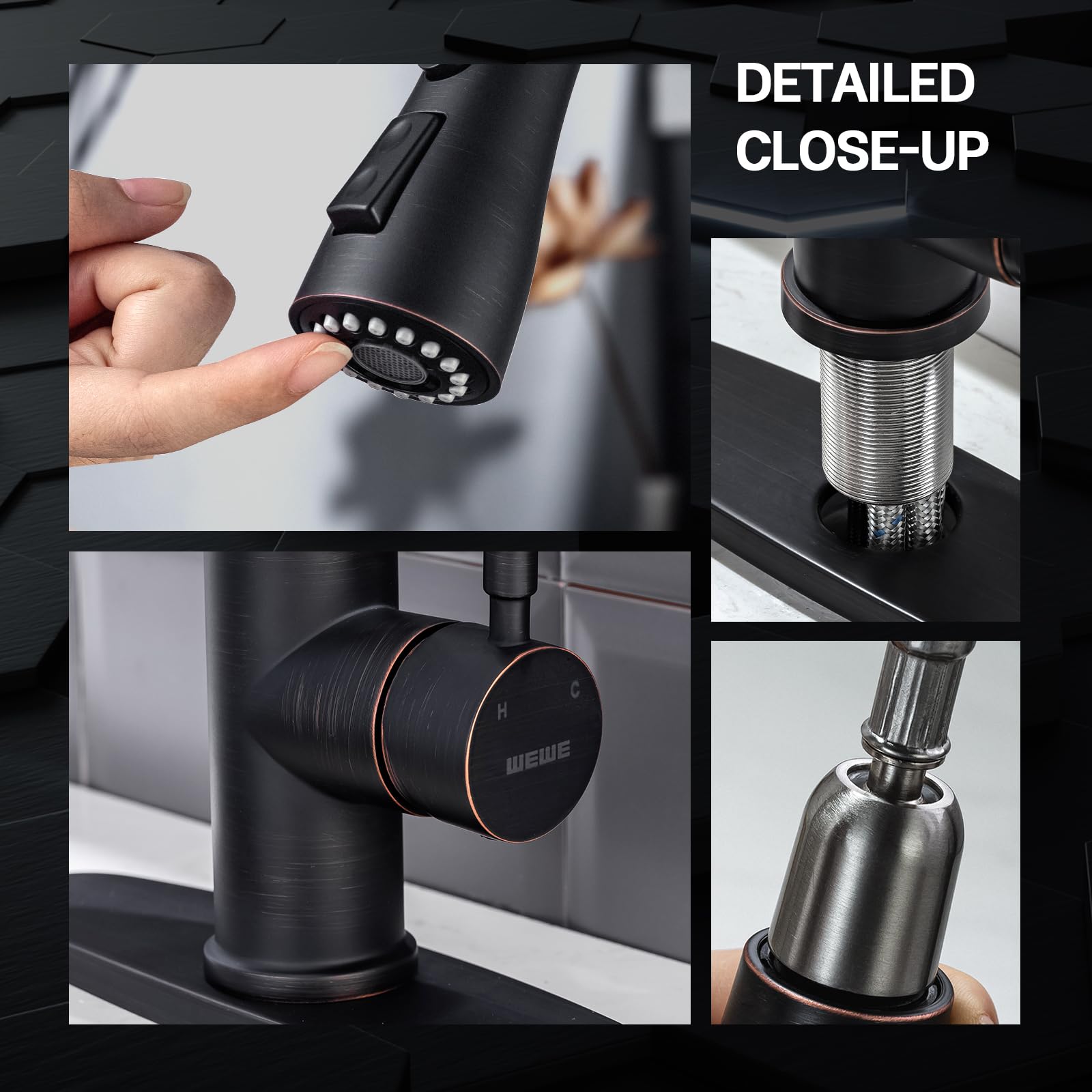 WEWE faucet material label showing SUS304 stainless steel construction and corrosion resistance