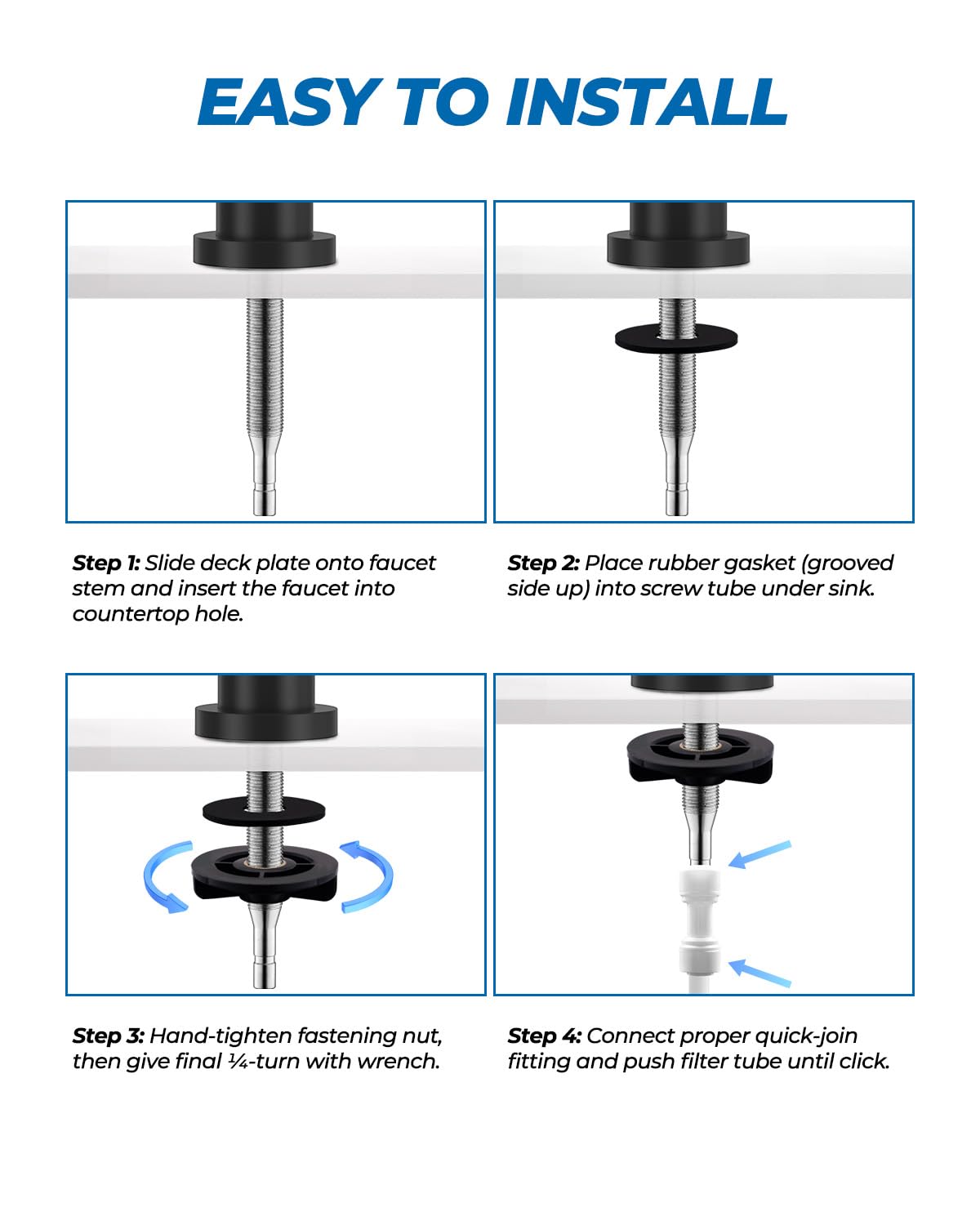 WEWE faucet beside a glass pitcher showing scale and easy filling benefit