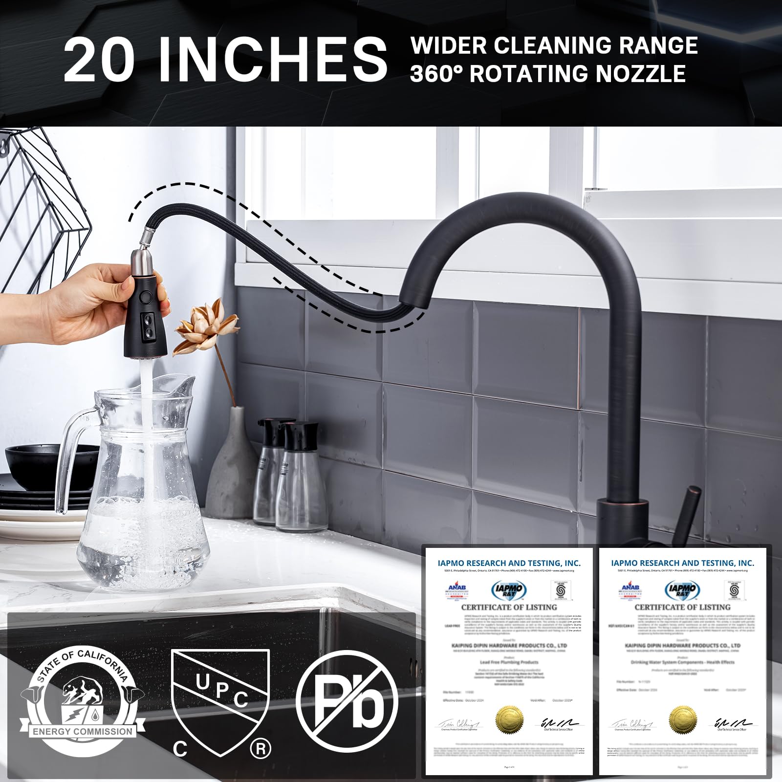 WEWE faucet sprayer detail showing silicone nozzles and three-mode spray for efficient rinsing
