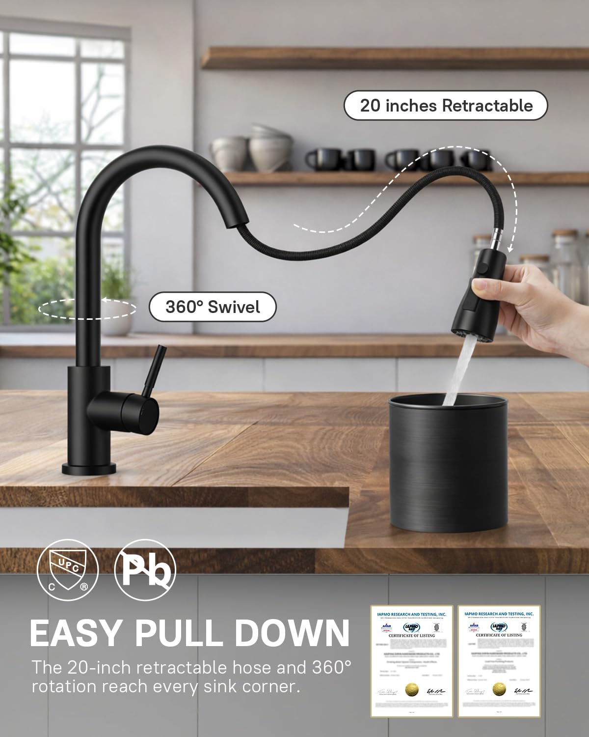WEWE pull-down sprayer in use rinsing a large pot for flexible reach
