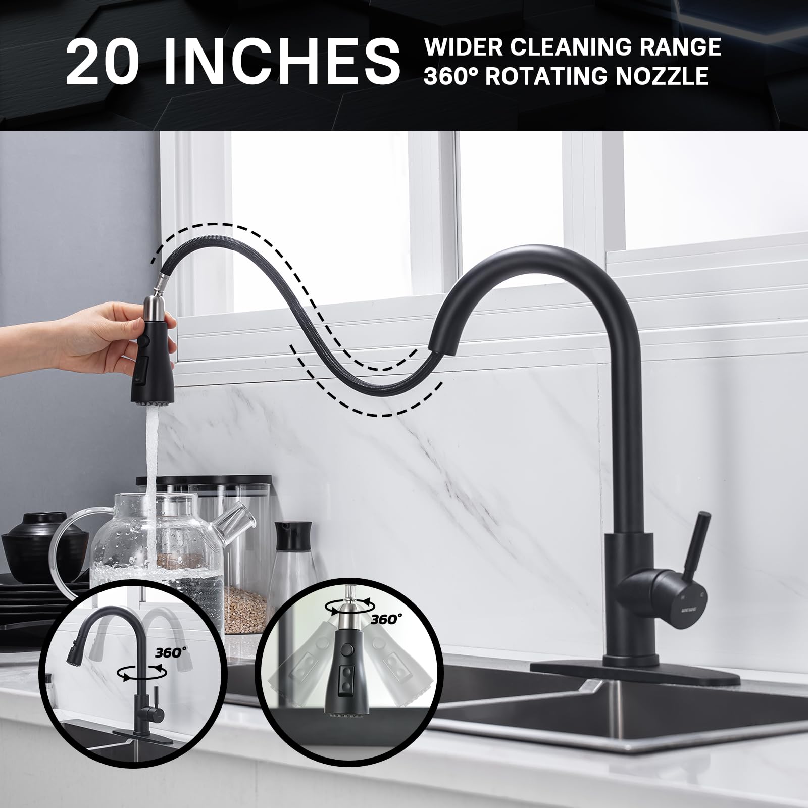 WEWE side profile highlighting high-arc design and 360-degree swivel for wide reach
