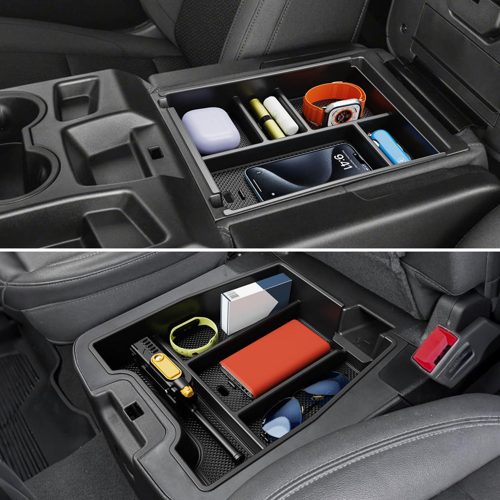Wexyldra front view of black console organizer showing neat storage benefit
