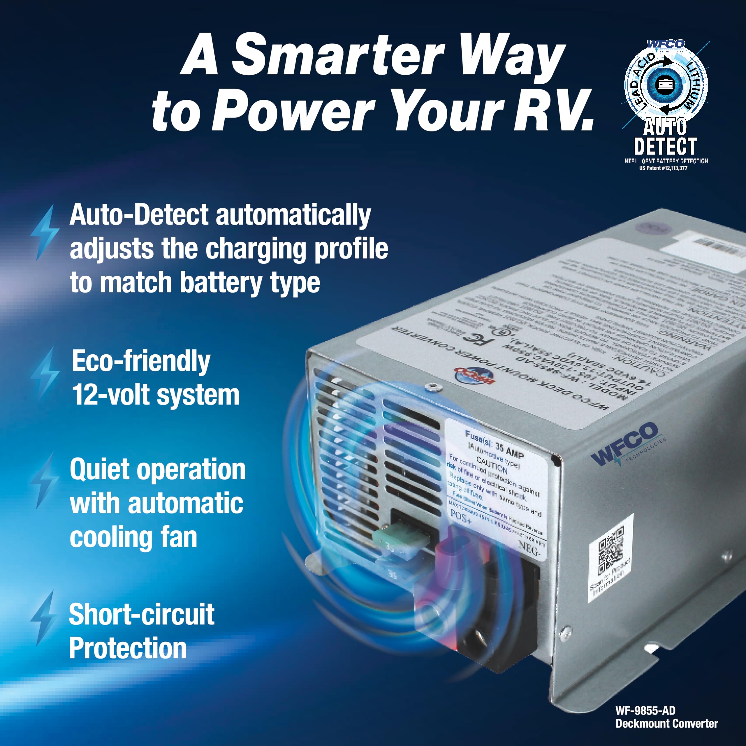 WFCO WF-9855 side label with model and certification details for purchaser confidence