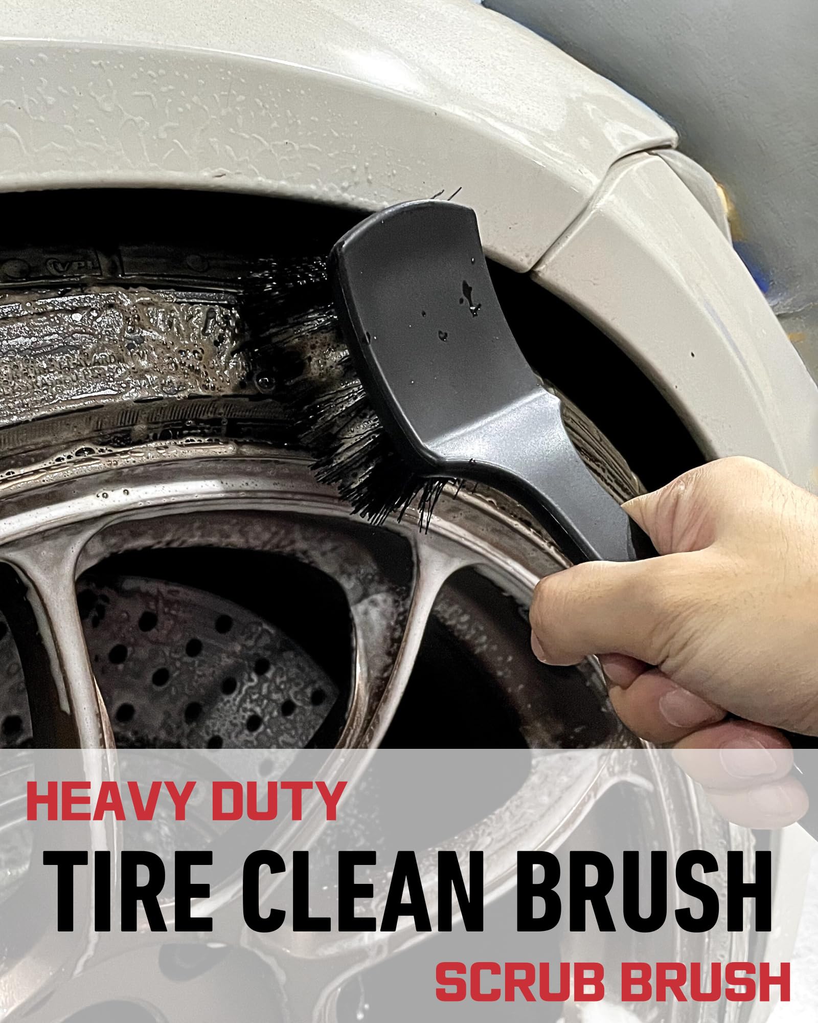 brand stiff tire brush scrubbing tire sidewall to remove embedded grime