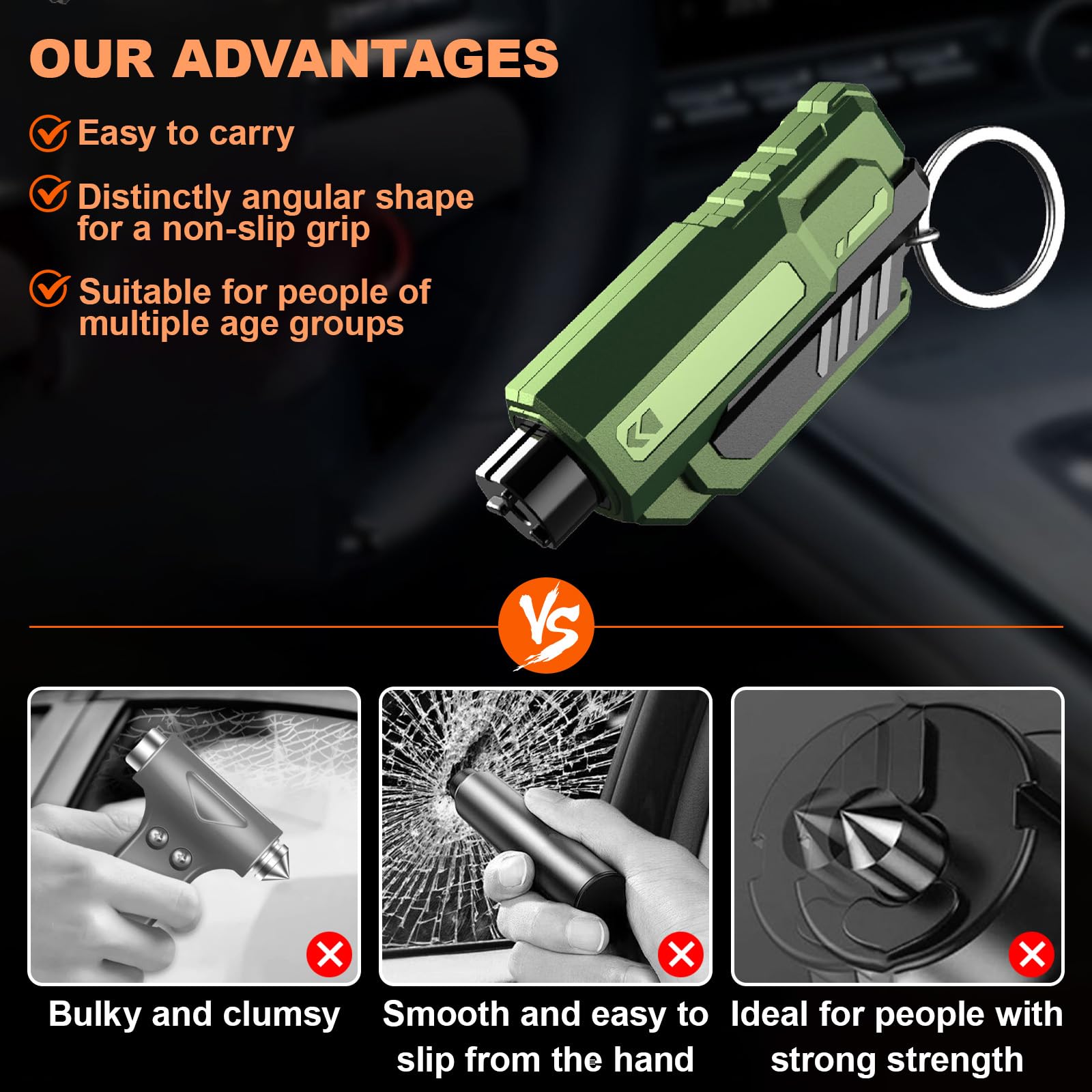 WHFLLIFE seatbelt cutter blade view showing guarded cut for safe, fast slicing