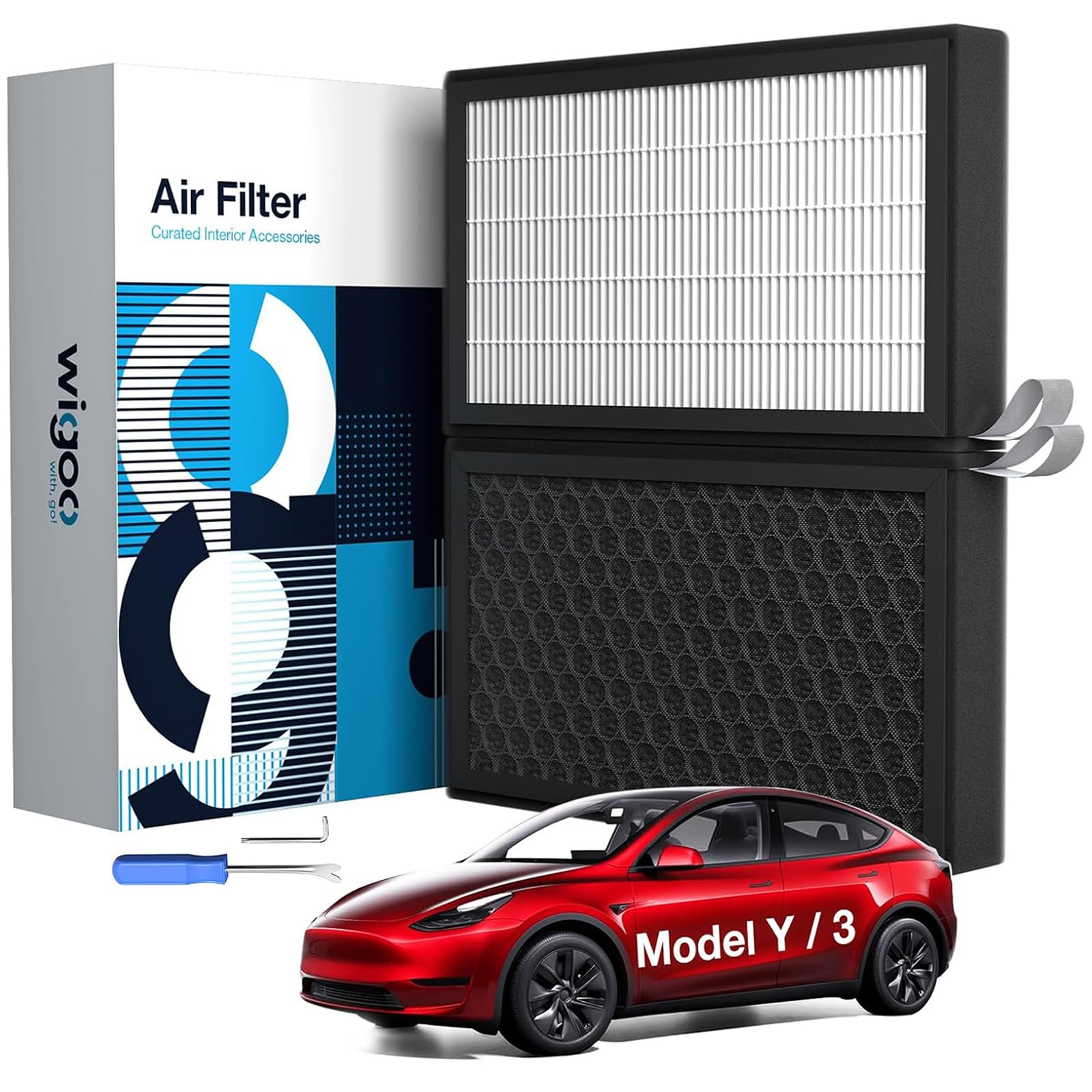 Wigoo front packaging showing two filters and compatibility for Tesla Model 3 Y