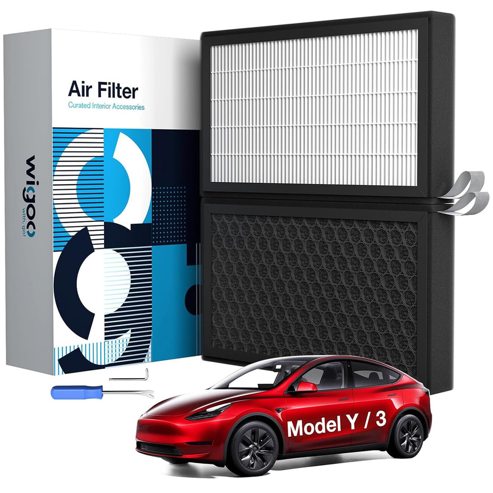Wigoo front packaging showing two filters and compatibility for Tesla Model 3 Y