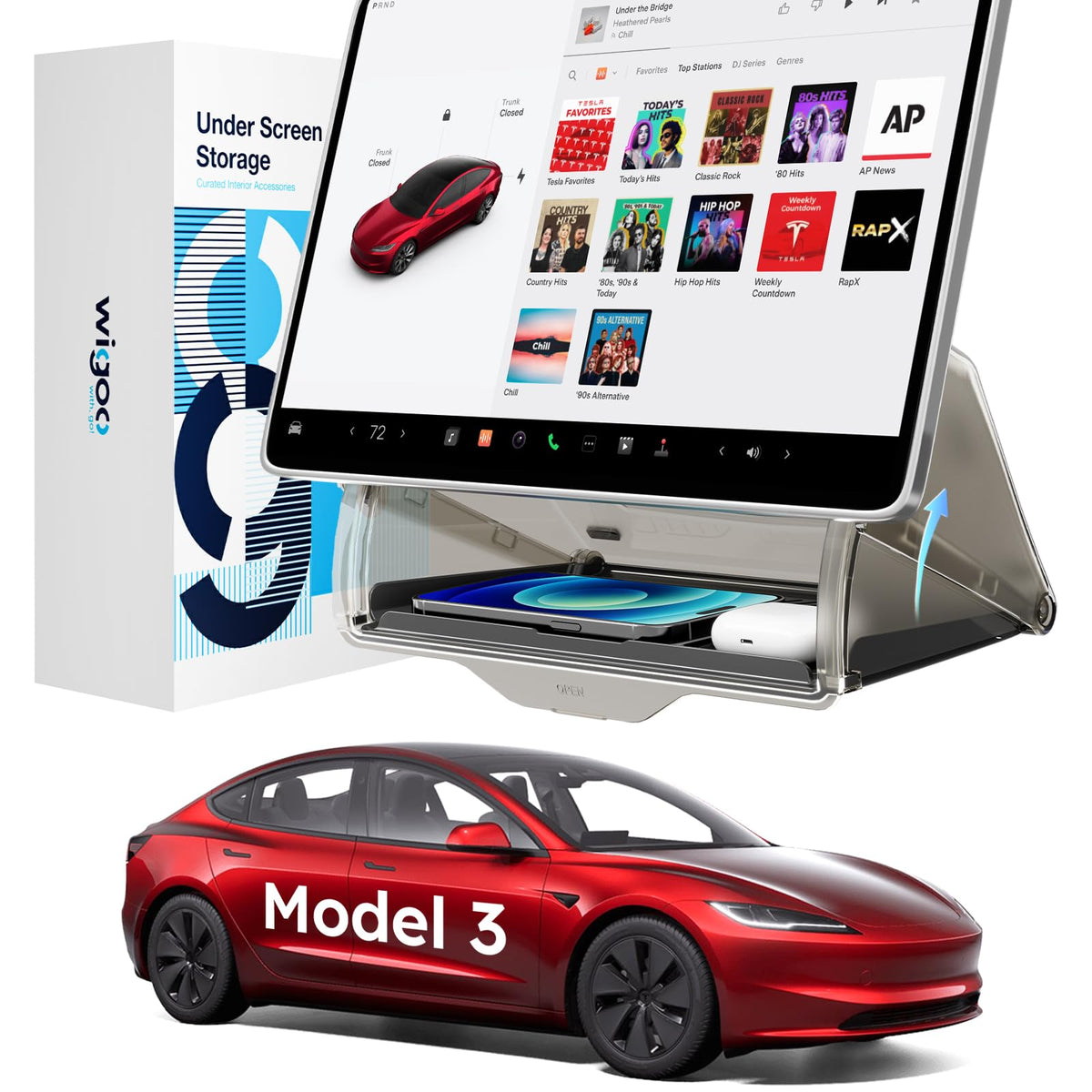 Wigoo front closed under-screen organizer in Tesla Model 3, preserves clean look