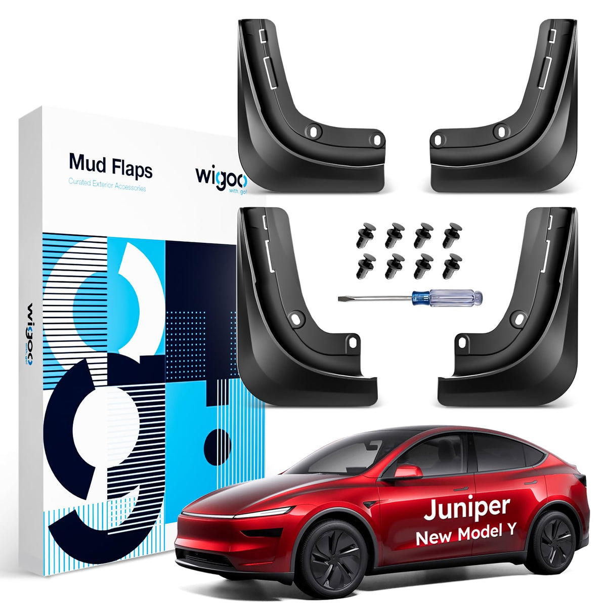 Wigoo front packaging for Model Y Juniper showing included parts and fit benefits