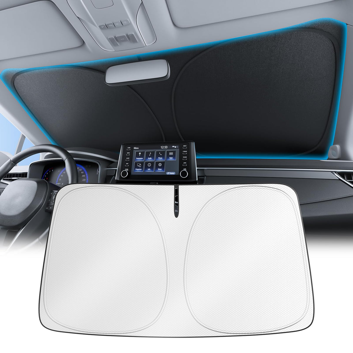 Wigoo front view showing folded sunshade and quick benefit of compact storage