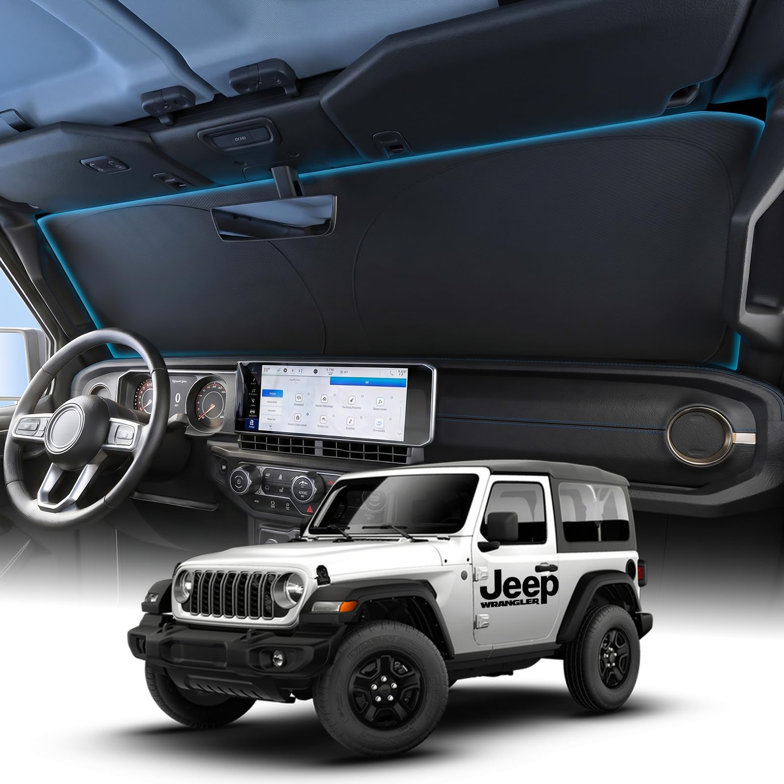 Wigoo front view assembled on Jeep windshield showing full coverage and neat fit