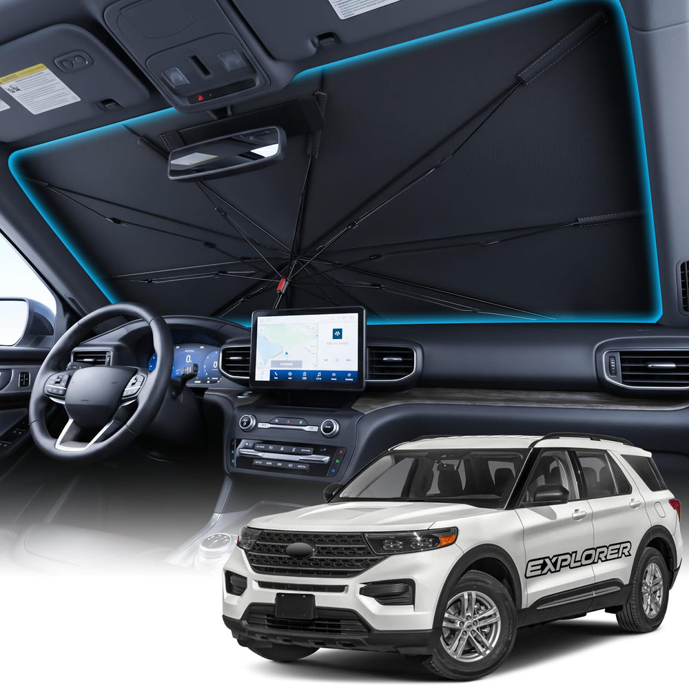 Wigoo sunshade installed in Ford Explorer windshield showing full coverage and sun protection