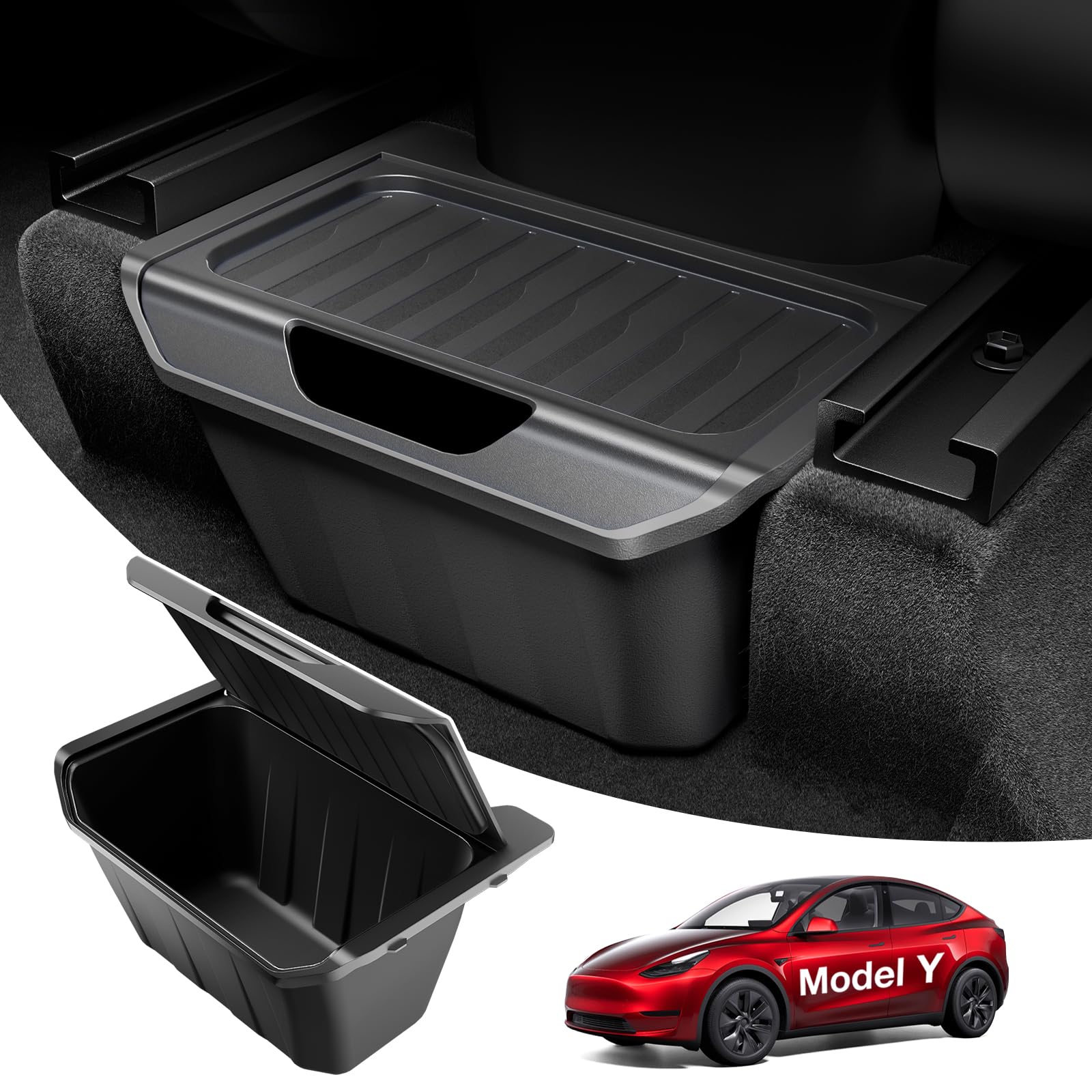 Wigoo front installed in Tesla Model Y showing tidy backseat storage benefit