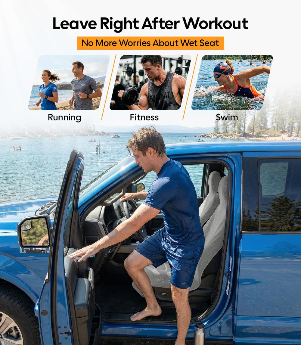 Wigoo installed on a car seat demonstrating dry, protected post-workout comfort