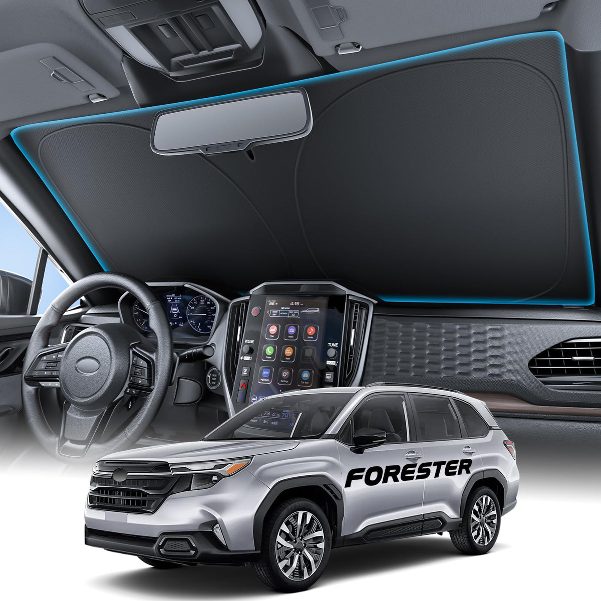 Wigoo front view installed on Forester windshield showing full coverage and cooling benefit