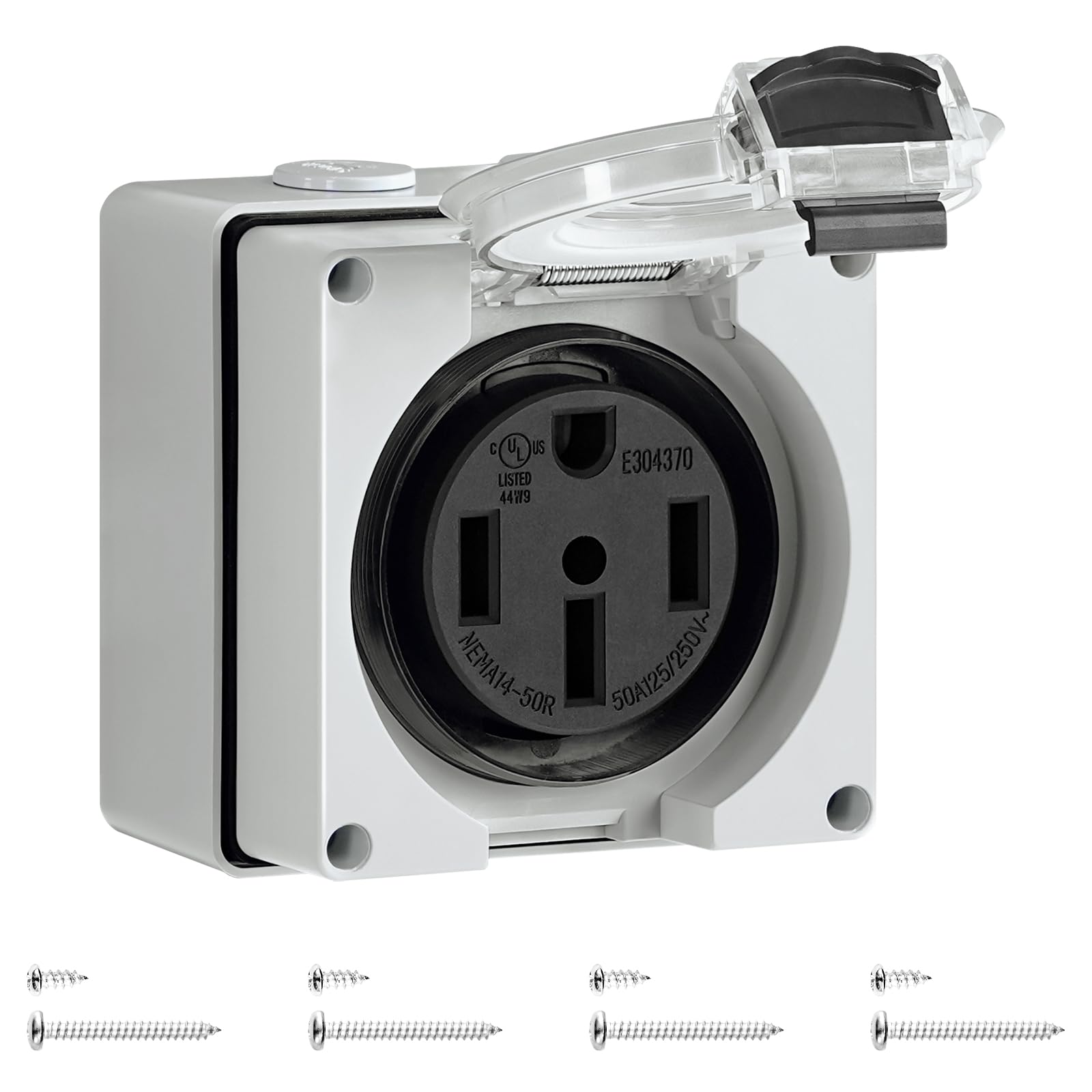 WILAWELS front view of outdoor outlet box showing weatherproof cover and mounting points for reliable protection