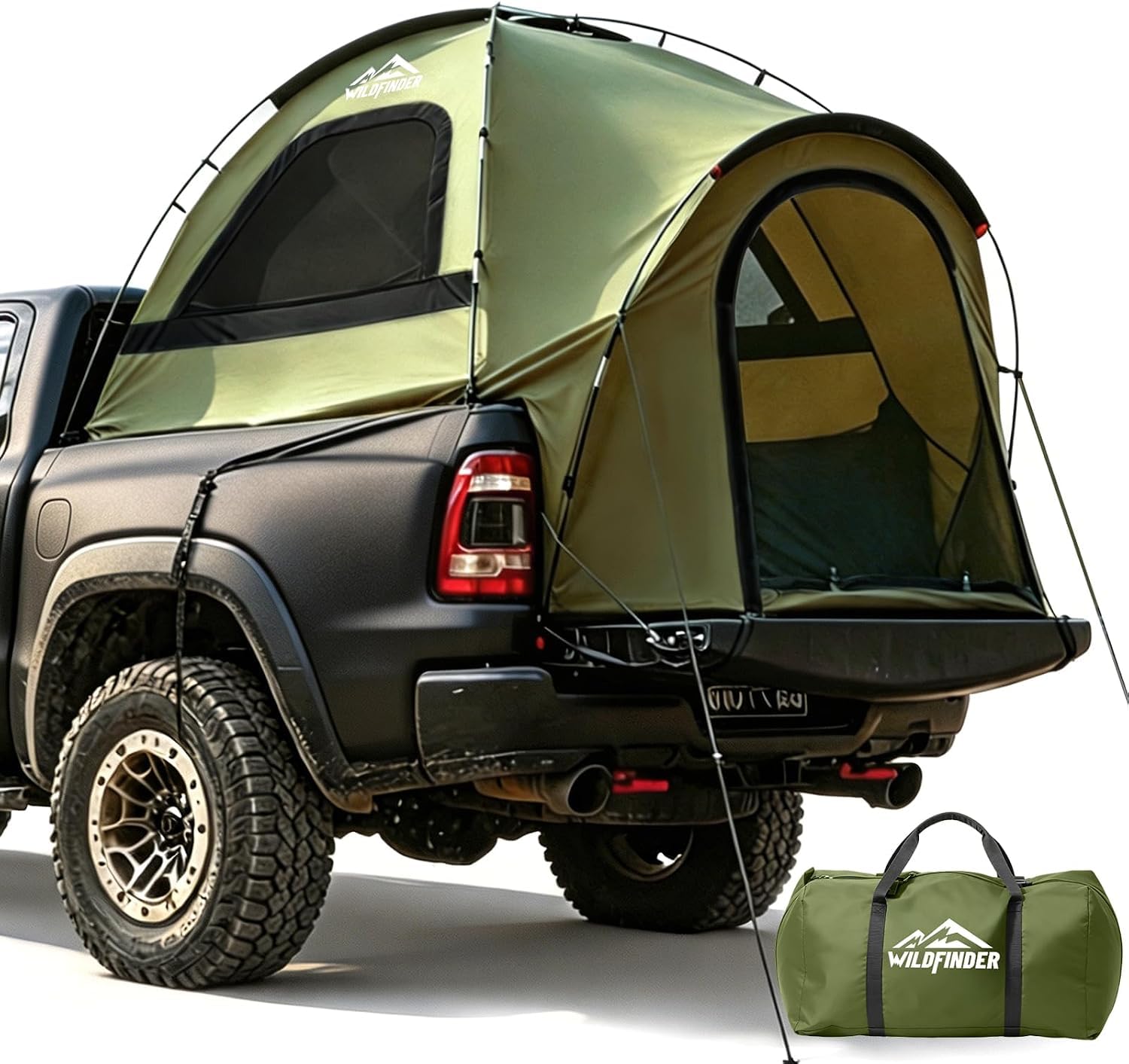 WildFinder front view pitched on truck bed showing quick shelter benefit