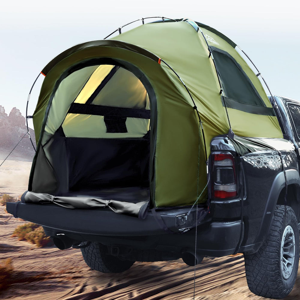 WildFinder front view of tent on pickup bed showing easy access and protection