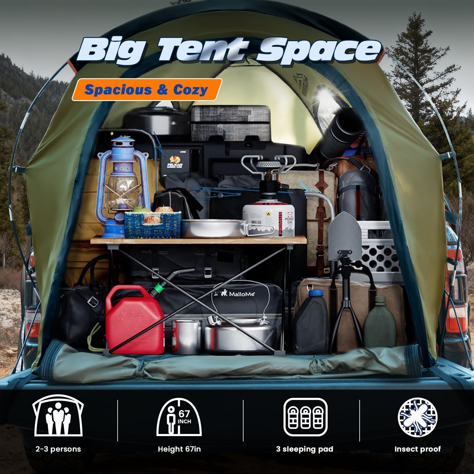 WildFinder interior with truck air mattress showing comfortable sleep setup