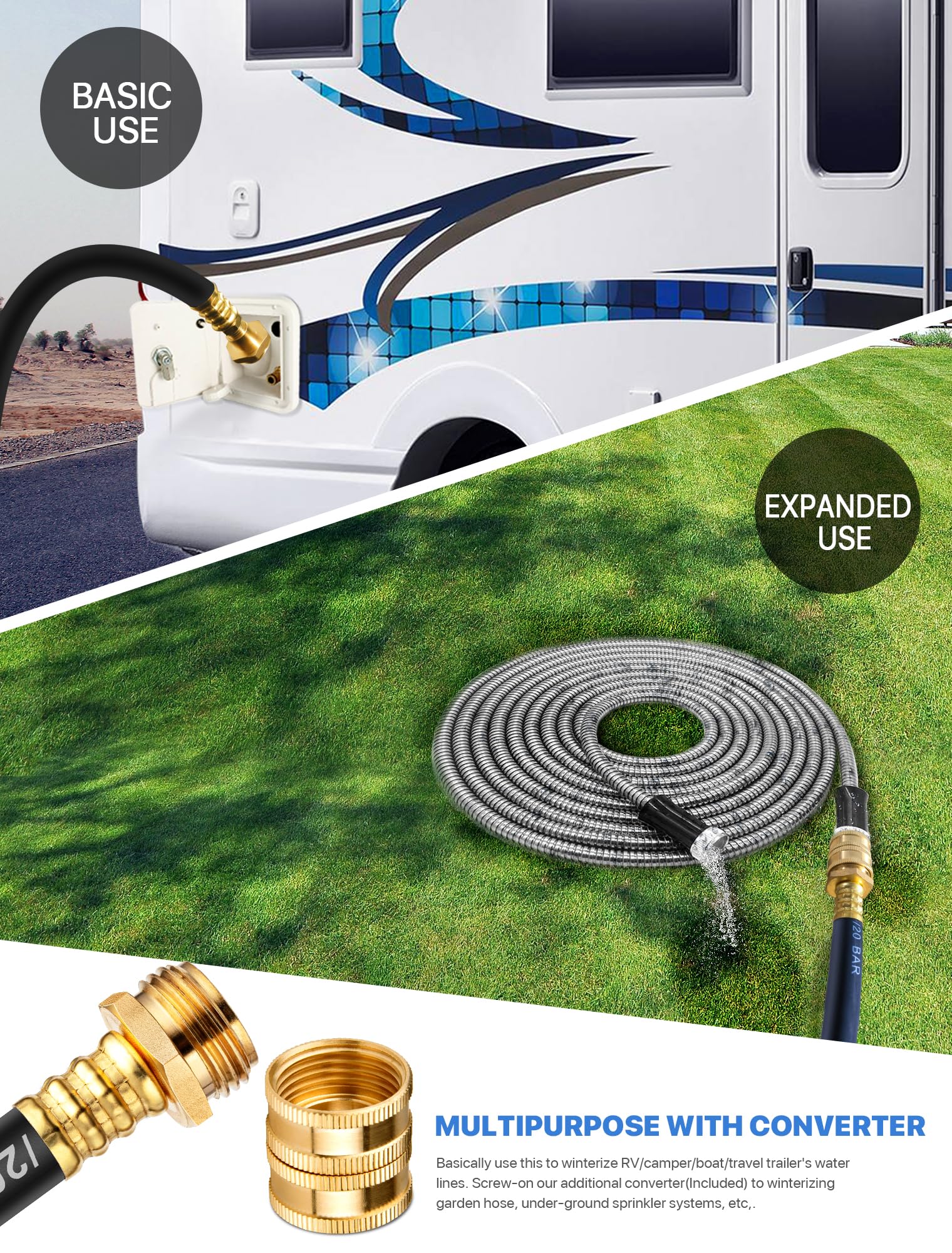 WINAMOO kit attached to RV spigot demonstrating quick winterizing benefit