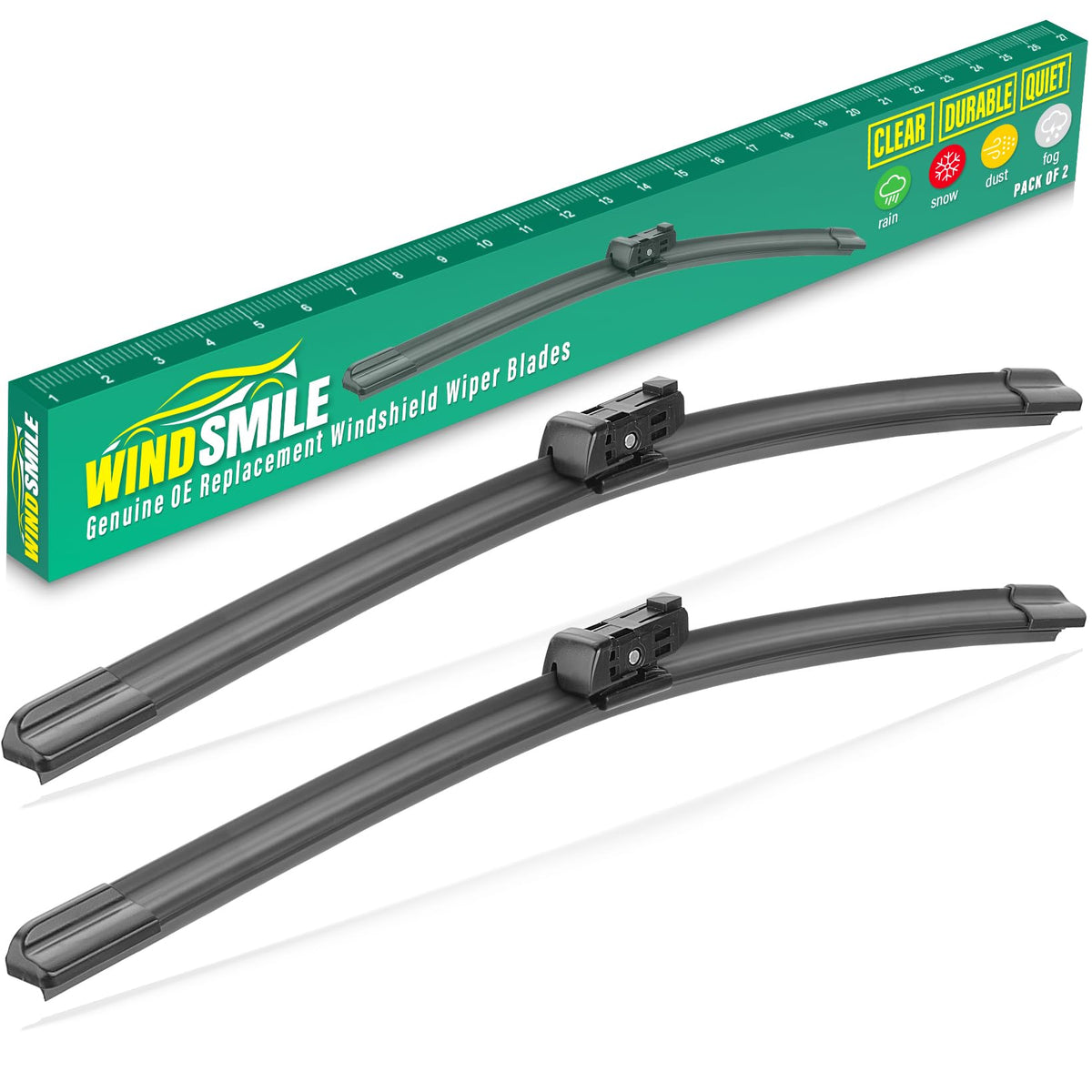 WINDSMILE front packaging showing 24" and 19" blades and fitment benefits