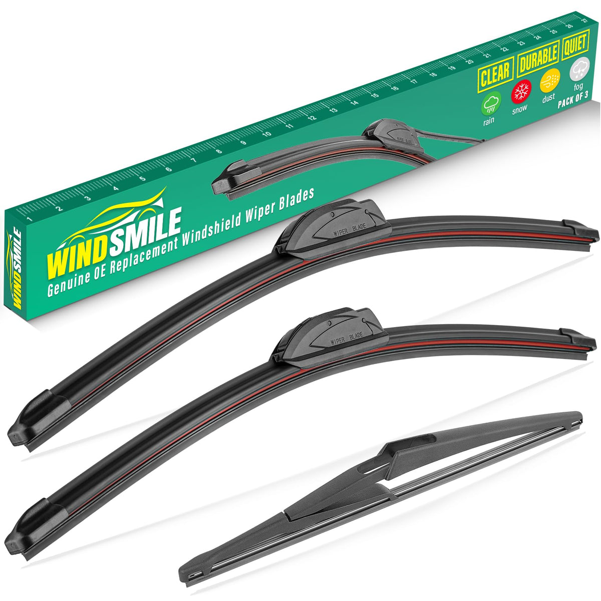 WINDSMILE front packaging showing 22" 14" 12" kit and clear fit benefits