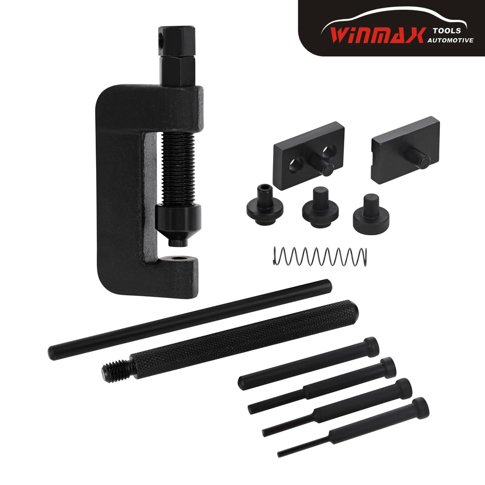 WINMAX TOOLS AUTOMOTIVE chain press engaged on a motorcycle chain illustrating on-bike repair capability